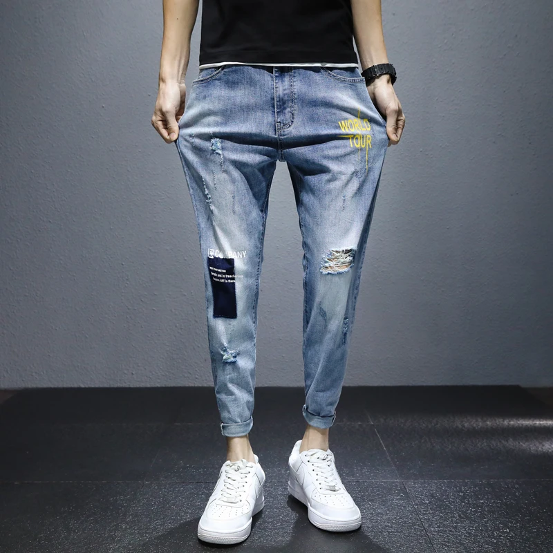 

Классические облегающие джинсы-карандаш для мужчин, винтажные потертые мужские брюки длиной до щиколотки, повседневные Стрейчевые джинсов...