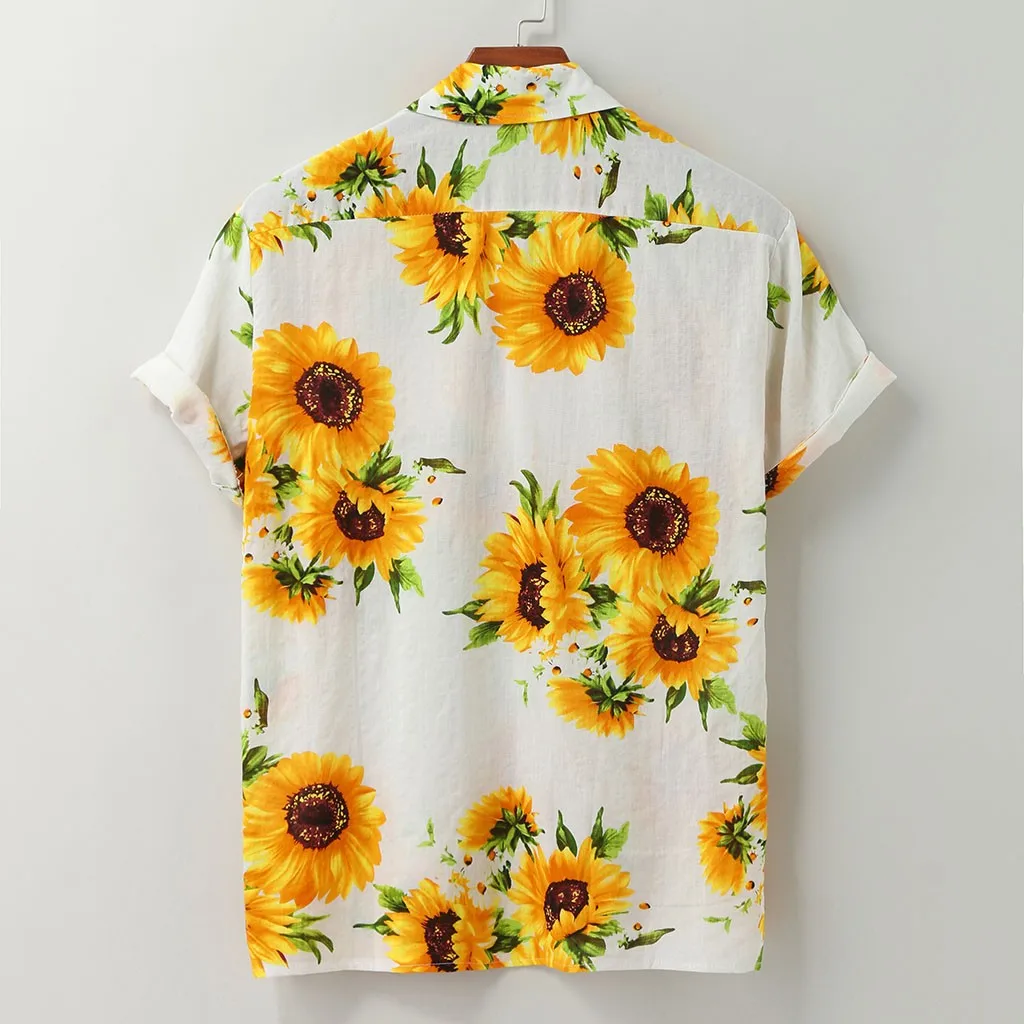 Мужская рубашка с принтом подсолнухов Повседневная летняя пляжная коротким