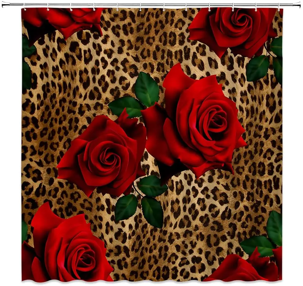 

Леопардовая красная роза, цветок, занавеска для душа, романтическая креативная ткань на День святого Валентина, домашний декор, штора, крючк...