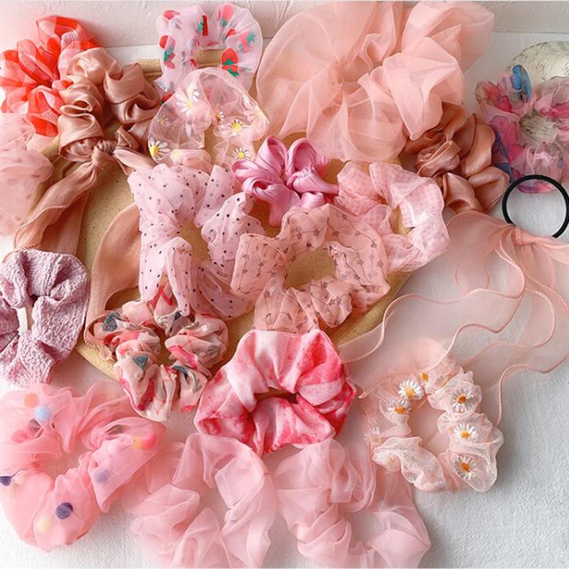 

2020 Women Pink Series Mesh Scrunchies Ponytail Holder Floral Printed Stripe Dot Gum Elastic Rubber Band Girls Hair Accessories