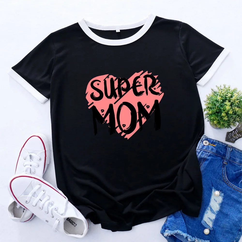 

Super Mom Mother Womens Colorblock Crewneck Short Shleeve Cotton Blend Summer T-shirts Graphic Tees for Woman Female Print Top