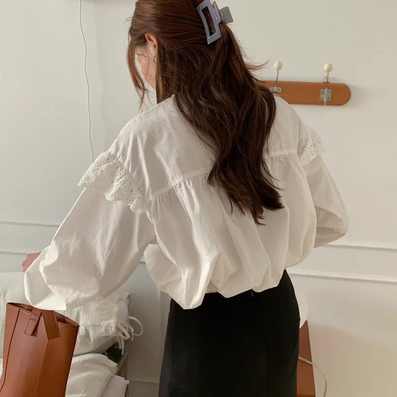 

Women Pullovers Blouse Shirt Ladies Sweet Polyester Hollow Puff Sleeves Ruffles O-Neck Slim Shirt Tops Blusas Femininas Spring