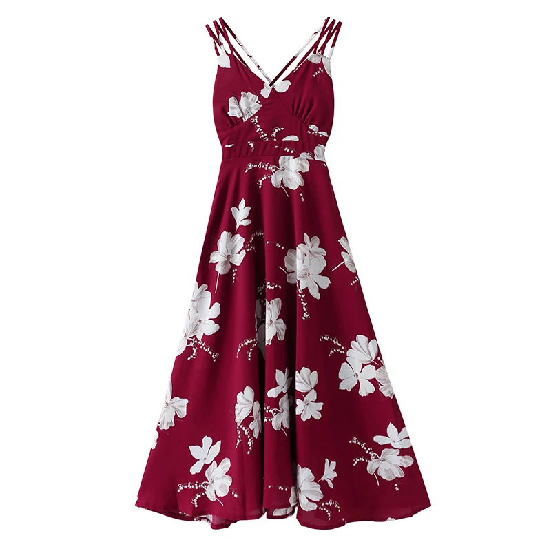 

Floral Print Chiffon Dress Women Summer 2021 New Backless Strap Dresses Boho Beach Vacation A Line Slim Long Dress Fairy Red