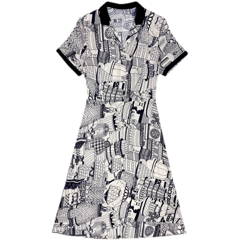 

2021 Summer Casual Print Mulberry Silk Midi Dress Women Fashion Vintage L-4XL Plus Shirt Size Dress Elegant Slim Party Vestidos