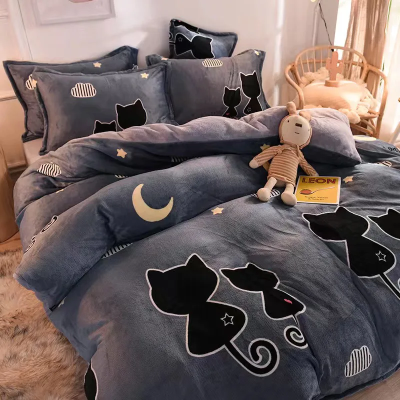 

1PCS Cartoon Good Night Cat Duvet Cover Set Winter Flannel Warm Bedding Quilt Cover Queen Version Single AB