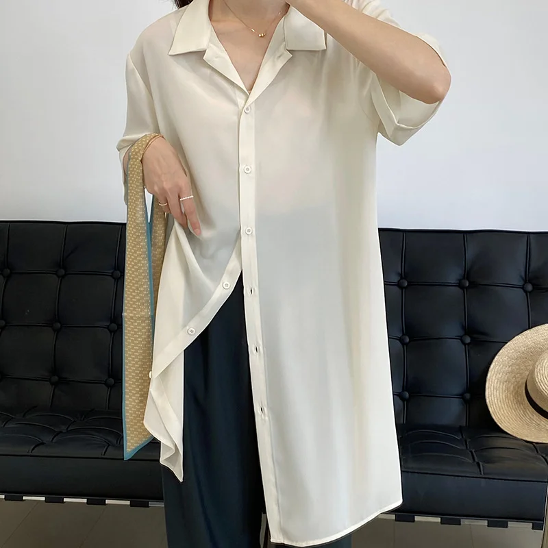 

Split Solid Long Short Sleeve Shirt Dress Women's Korean Style 2021 Summer Sunscreen Lapel Chic Top