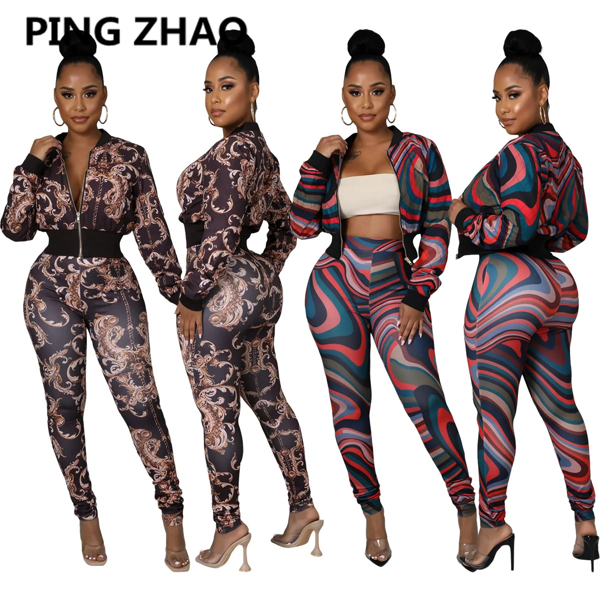 

PING ZHAO Elegant Print Women Two Piece Set Outfits Autumn Winter Track Jacket and Legging Pants Set Tracksuit Sweatsuit