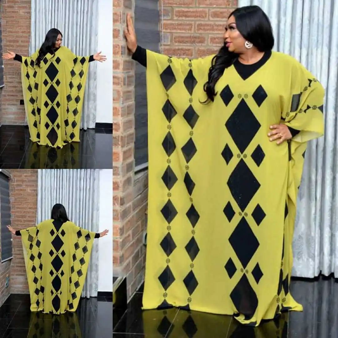 

New Style African Women's Dashiki Classic Design Chiffon Fabric Printing Robe + Inside 2 Piece Loose Long Dress Free Size