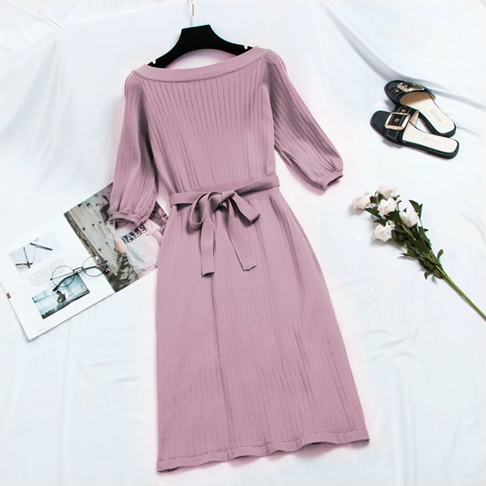 Женское вязаное милое платье средней длины элегантное корейское модное