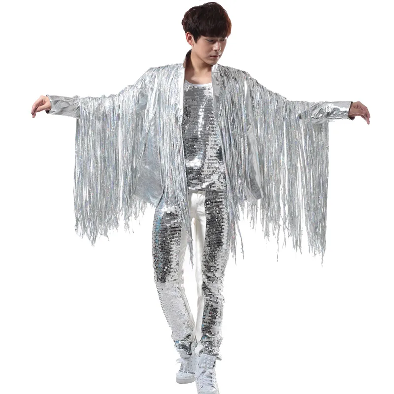 Сценические костюмы для певцов мужской серебряный пиджак с кисточками Рок Панк DJ