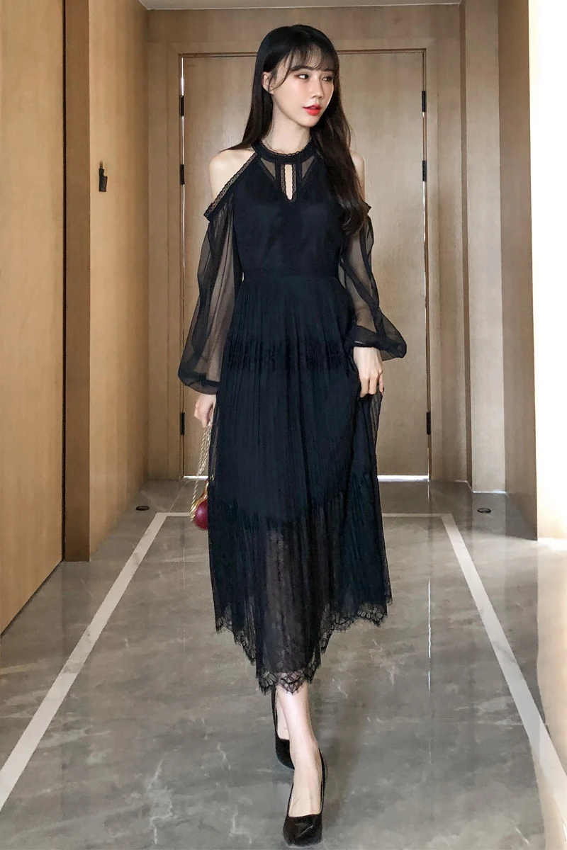 Женское платье с длинным рукавом кружевное v-образным вырезом интеллектуальное
