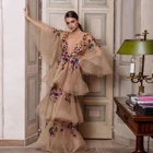 Женское вечернее платье с цветочным принтом, длинное многослойное платье в пол из тюля с глубоким V-образным вырезом, оборками и бусинами, фиолетового цвета