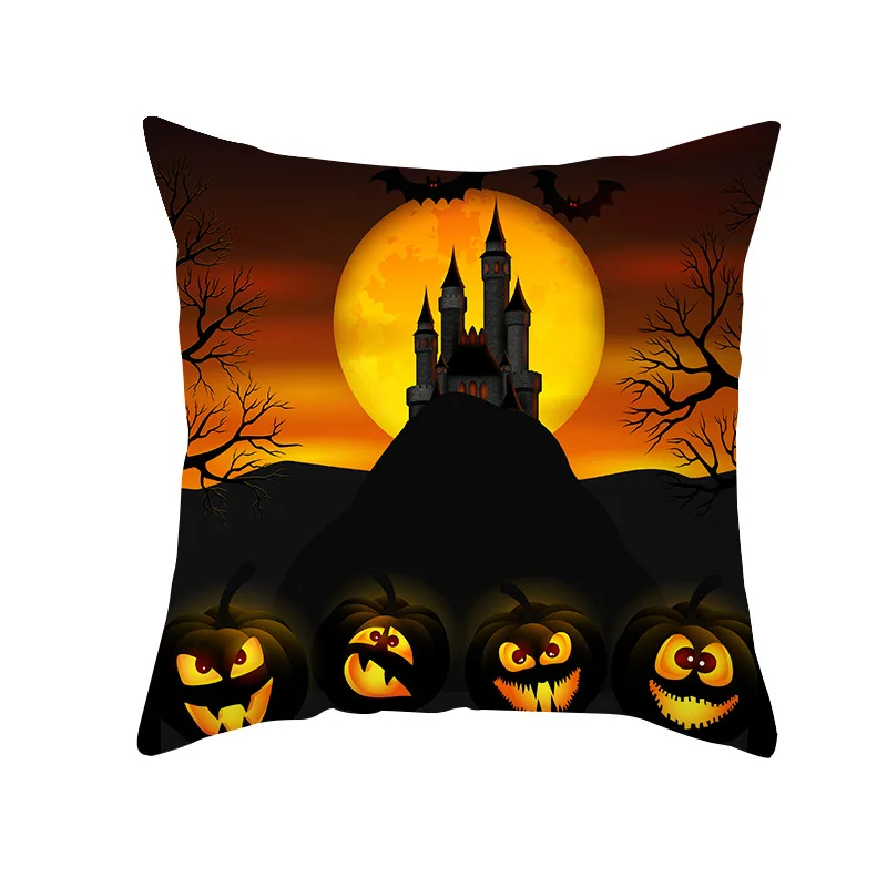 

Halloween Pillow Cover Cartoon Pumpkin Head Castle Peach Skin Fabric Home Supplies