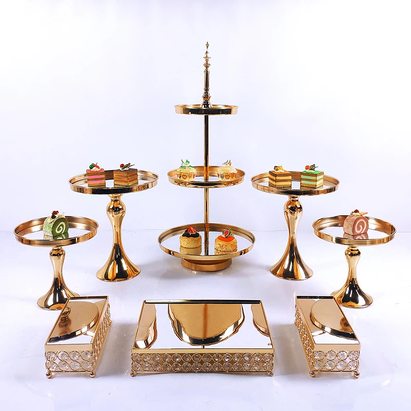 Juego de soportes de cristal y Metal para pasteles, decoraci&oacute;n de espejo acr&iacute;lico para magdalenas, Pedestal de postre, bandeja de exhibici&oacute;n para fiesta de boda, 7-8 piezas-0