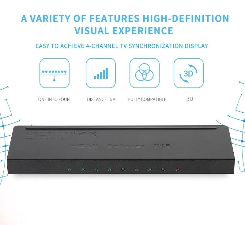 4K* 2k 1x8 HDMI 8 портов HDMI видео сплиттер аудио усилитель повторитель 3D 1080p 1 в до 8 выход 1x8 HDMI сплиттер конвертер HDTV