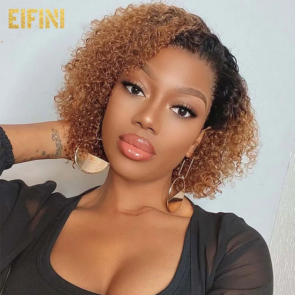 

Short Curly Ombre Blonde Brazilian Human Hair Wigs For Women13x6x1 T Part Lace Wigs 1B/30 Colored Short Bob Water Wave Remy Hair