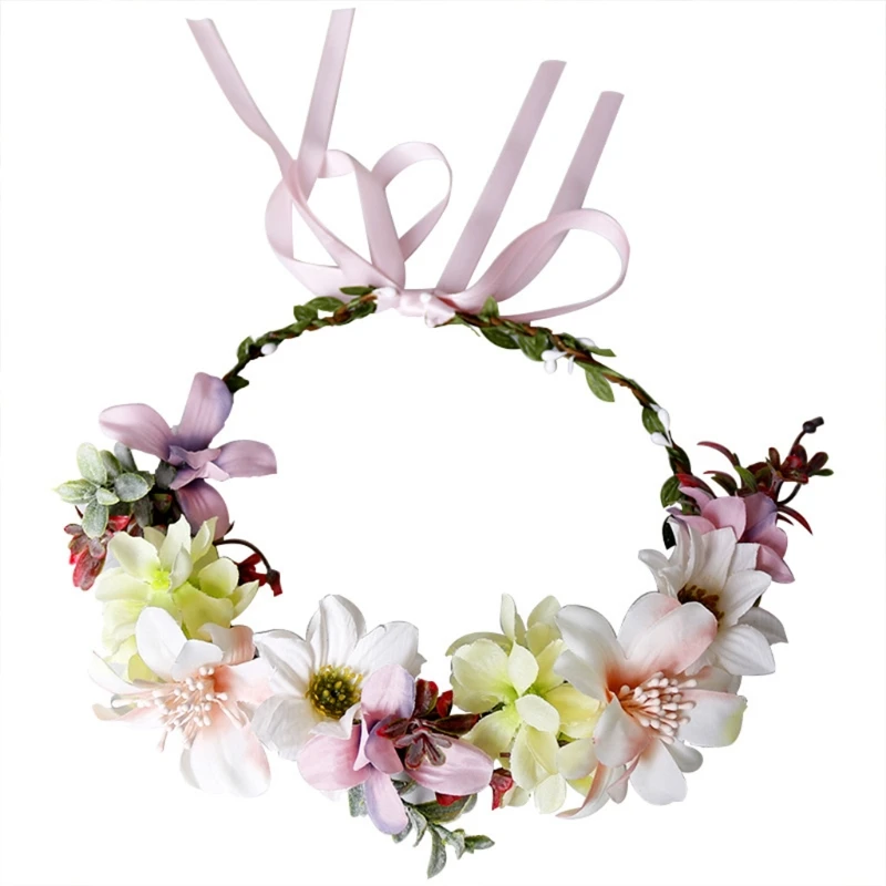 

Floral Garland Crown Handmade Bridal Flower Wreath with Ribbon Photo Props Multicolor Hair Accessories for Beach Party