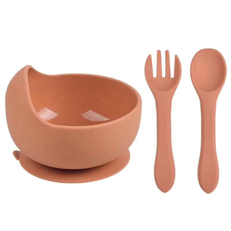 

3 Pcs Baby Training Feeding Food Bowl Spoon Fork Set Silicone Suction Utensil