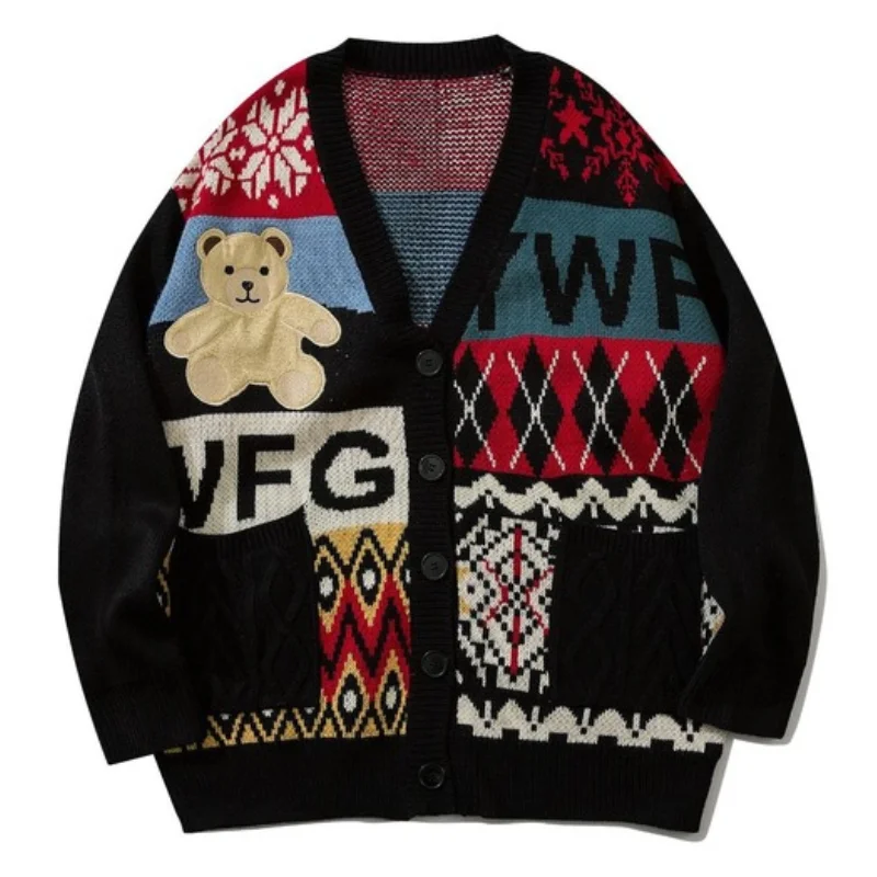 

Men's Cardigan Bear Sweater Vintage Red Jumper Knit Sweaters Men Oversize Jersey Oversized Gothic with Pattern Mens Clothing