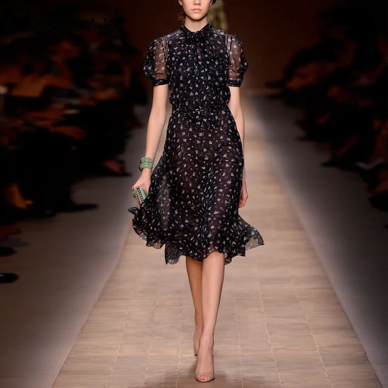 

Fashion Retro French Chiffon Floral Dress Women Elegant O-Neck Puff Sleeve Dress 2021 Summer Slimming Temperament Dress Black