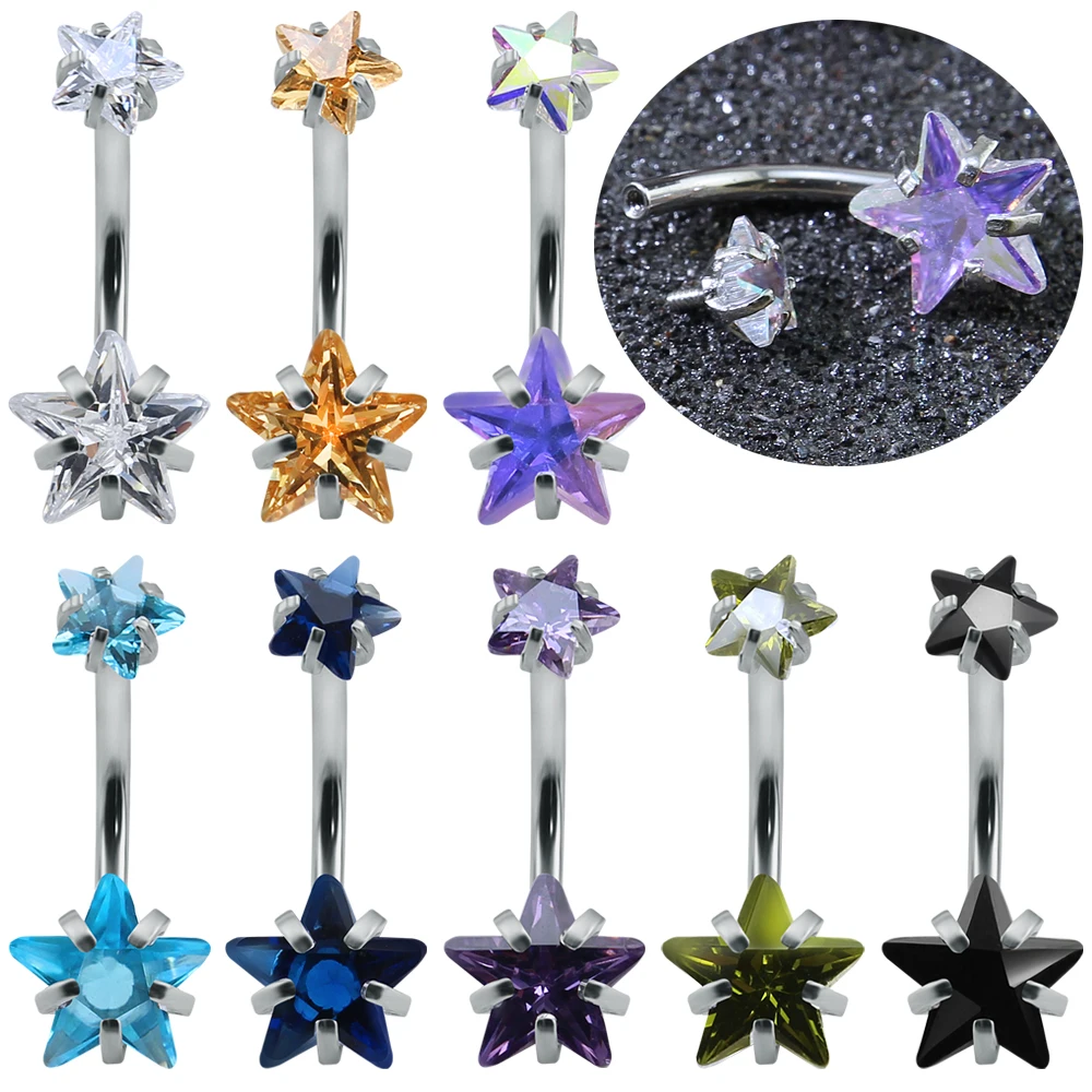 

ZS Double Star Crystal Belly Button Ring with Big CZ for Women Stainless Steel Navel Ring for Girls Female Body Piercing Jewelry