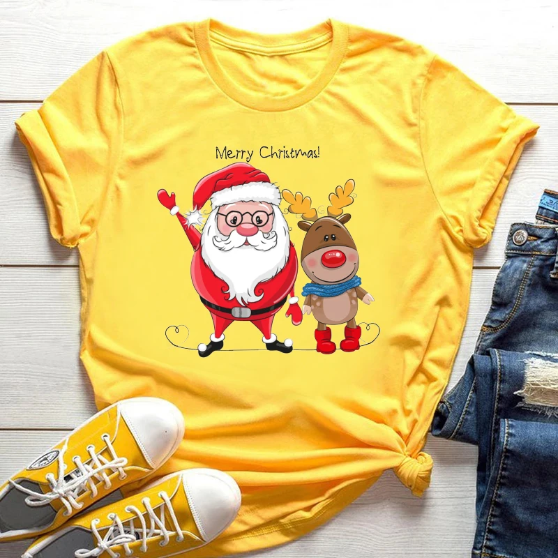

Fashion Color Women Short Sleeve Merry Christmas Cartoon Print Female T-shirt Top Casual Street Large Size Female Clothes