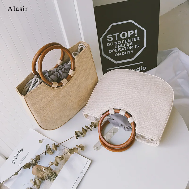 

Женская пляжная сумка Alasir, Плетеная соломенная сумка через плечо с кольцом и деревянной ручкой, повседневные сумки через плечо