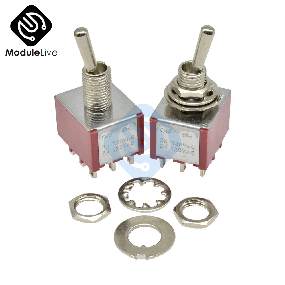 MTS-302 6mm Toggle Switch Single Pole Double Throw SPDT ON-ON 120VAC 6A 1/4 Inch Mounting 13*16.8MM (MTS302) 2Positions 9Pins |