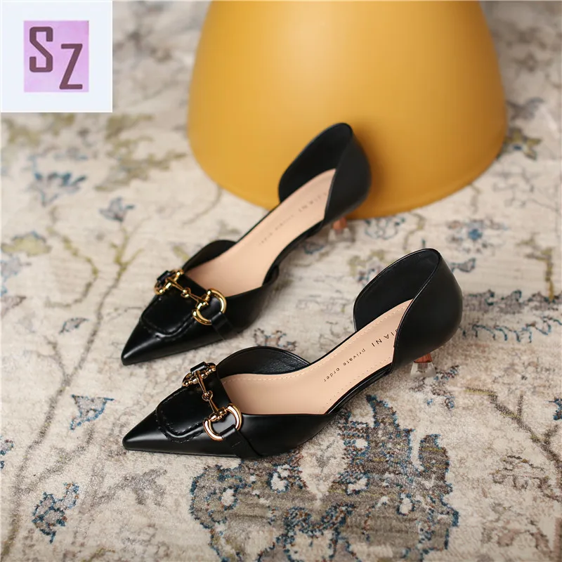 

New 2021 designer French Roman bit hollow high heels female stiletto mid-heel professional single shoes OL temperament 5CM