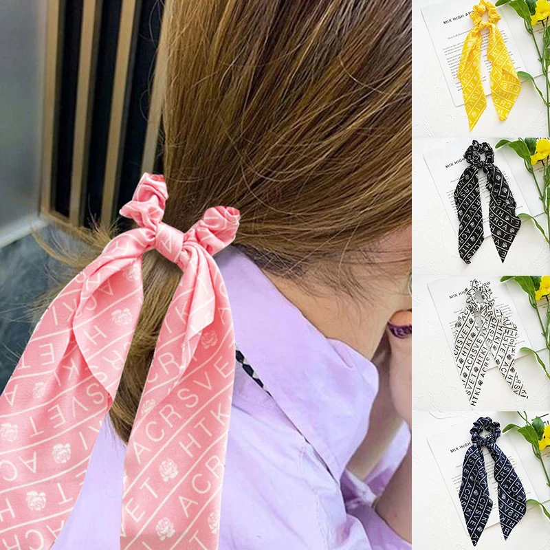 

Nice-looking Floral Print Scrunchies Solid Long Hair Ribbon For Women Ponytail Scarf Elastic Hair Band Hair Accessories