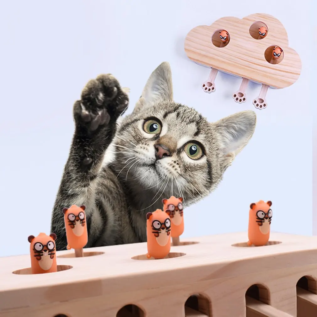 

New Sale Solid Wooden Cat Toy Puzzle Interactive Toys Whack A Mole Shape Hamster Funny Wooden Box For Playing Cat Supplies Doll