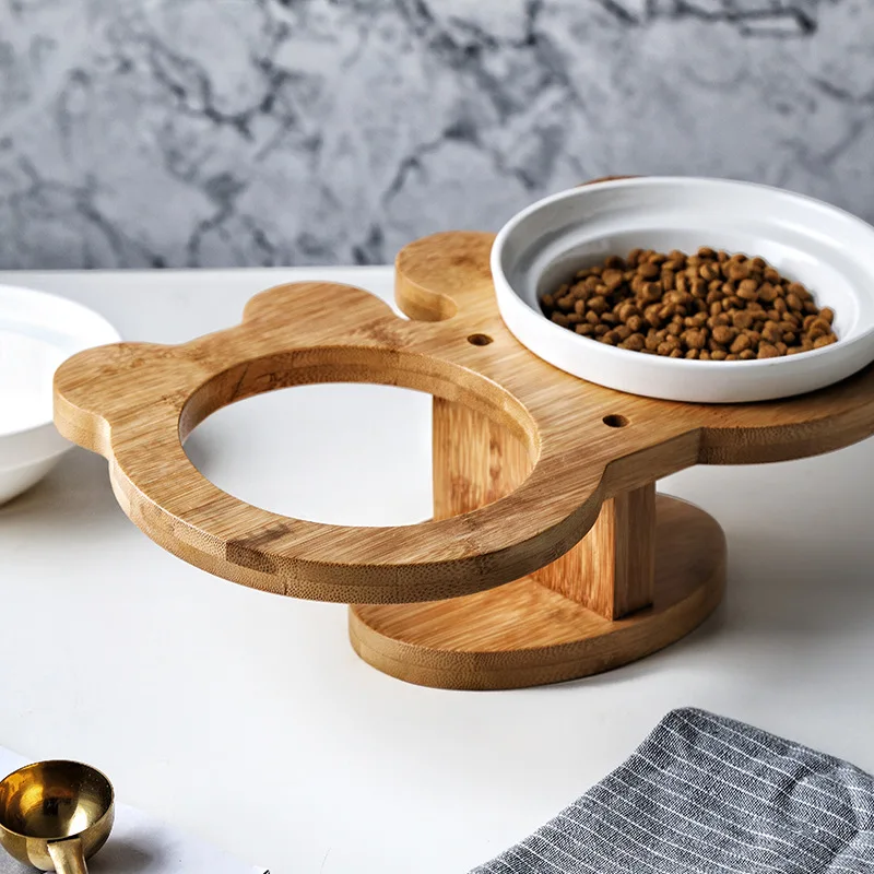 

Wooden Ceramics Pet Supplies Double Cat Bowl Food Bowls Water bowl Protection Column Base High Quality Oblique Pet Feeder WJ819