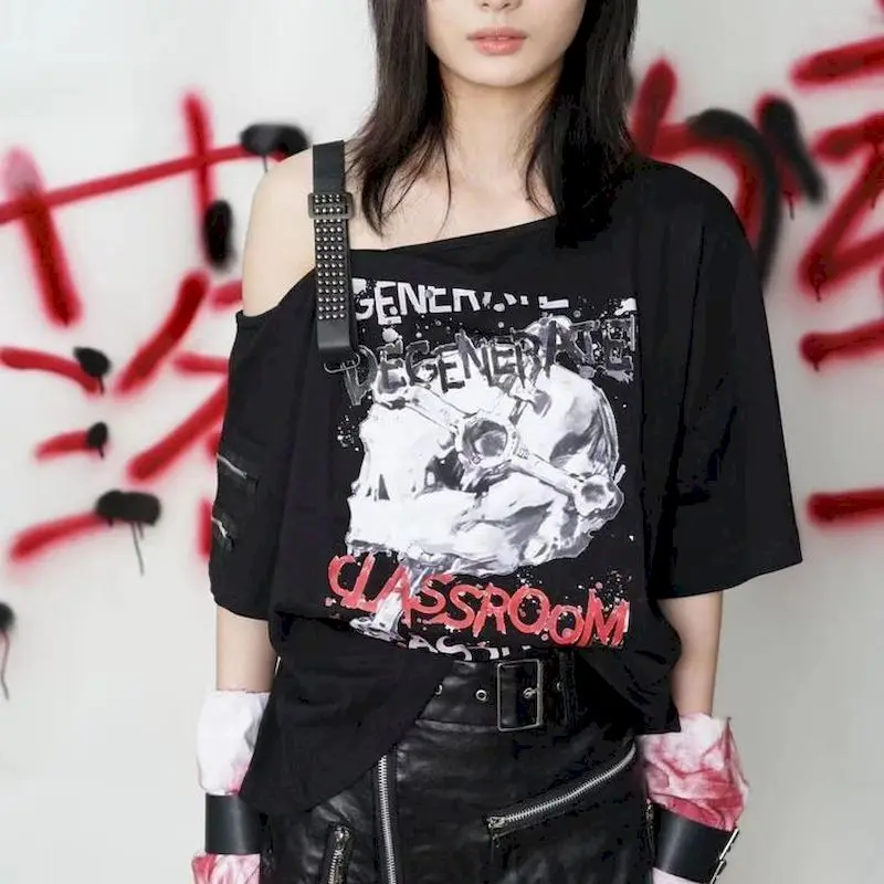 

Punk y2k T-shirt women long sleeve hole irregular Japanese tshirt oversized black skull leather strape high street gothic top