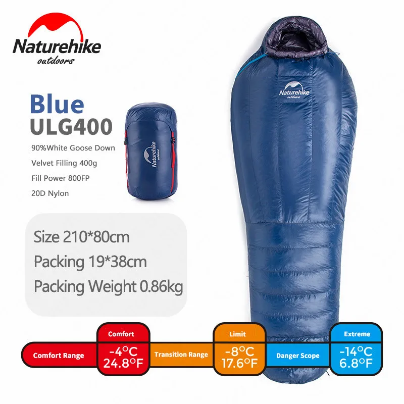 ULG400-Blue Naturehike Кемпинг гусиный пух заполняющий 800FP зимний спальный мешок 20D нейлон Сверхлегкий утолщенный Мумия водонепроницаемый теплый спальный мешок - Цвет: ULG400-Blue