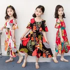 Платье для девочек 2021 новинка моды летнего сезона, в богемном стиле, в Корейском стиле, Стиль пляжный отдых цветочный принт с расклешенными рукавами милые платья для принцессы От 4 до 8 лет