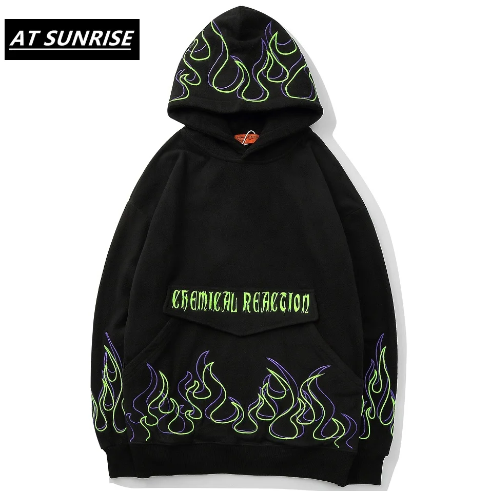 Худи с вышивкой пламени Мужской Повседневный пуловер в стиле хип хоп толстовки
