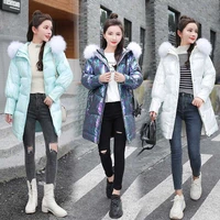 women jacket parka quilted cotton wadded long outwear fur hooded coat shiny