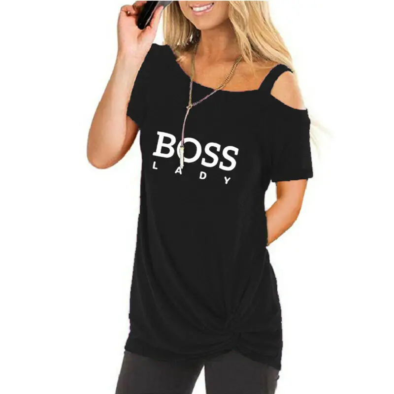 

Women Ladies Casual Crew Neck Cold Shoulder Letter Print T-Shirt Summer Tops Tee
