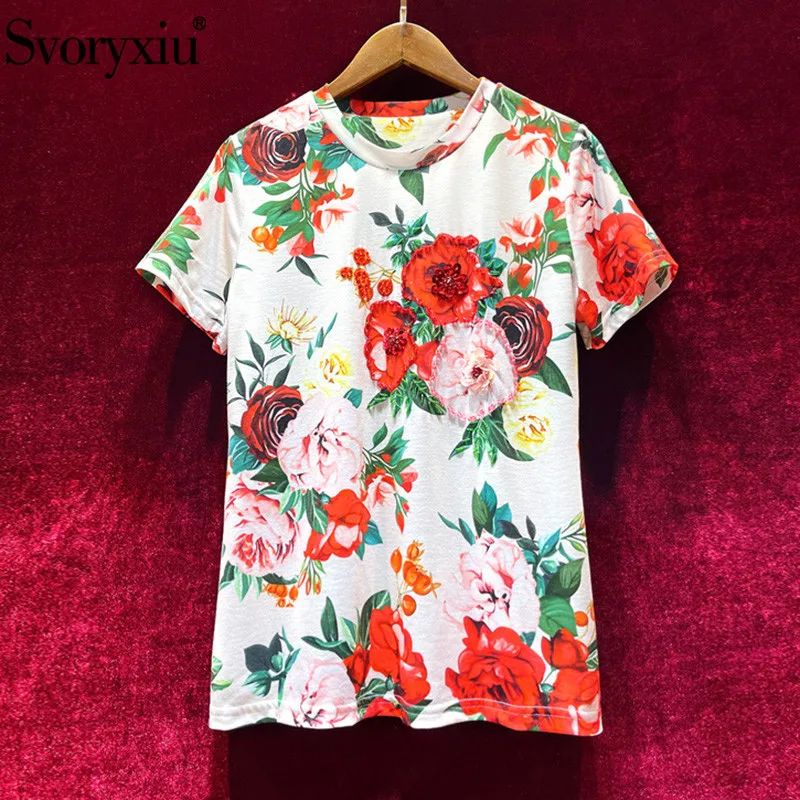 

Svoryxiu Vintage Flower Print Plus Size Tops Tees Women's Fashion Sequins Beaded Short Sleeve Summer T Shirts Female S-XL