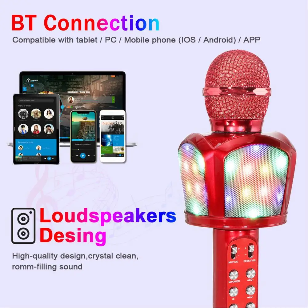 

Wireless Karaoke Microphone Handheld Portable Speaker Home KTV Player With Dancing LED Lights Record Function Kids Mic Machine