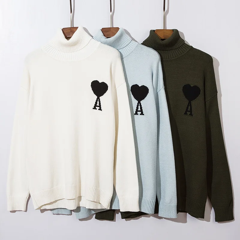 

2021 New AMI Monogram Embroidered Big Heart Women And Men Same Style Women Turtleneck Pullover Sweater Lovers Winter Sweater