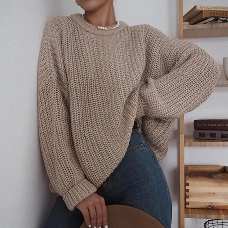 

Женский однотонный вязаный пуловер, свитеры с круглым вырезом и длинным рукавом, свободные повседневные трикотажные Модные женские топы на...