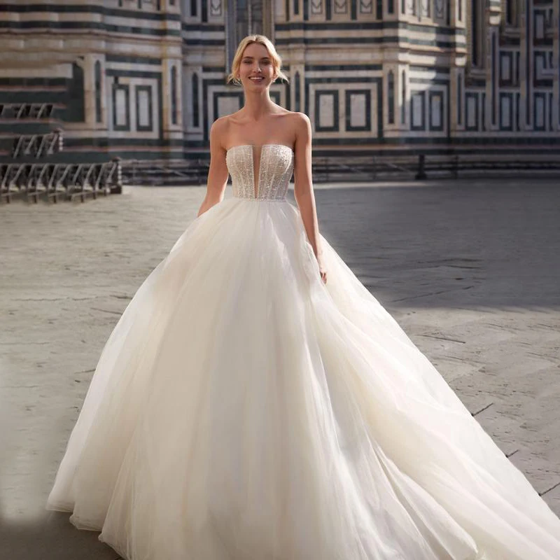 

Simple V-Neck Sleeveless A Line Soft Tulle Satin Beach Wedding Dresses Princess Long Birde Dress Elegant Wedding Gowns