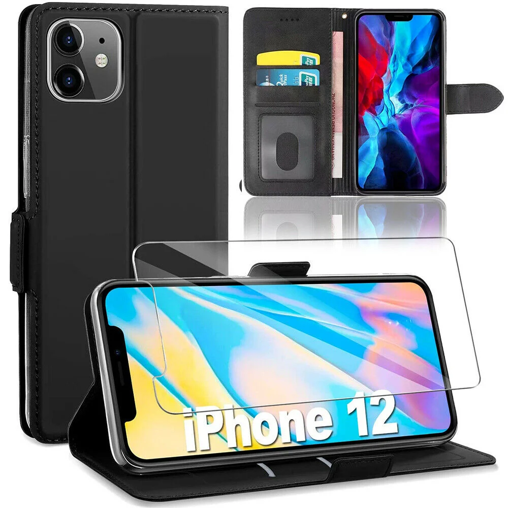 

Etui Coque Cuir Noir + Film Verre Tremp For iPhone 12 Mini 12 Pro Max Flip Cover