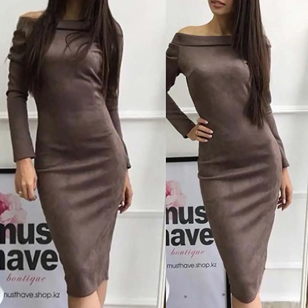 WildPinky Solid Suede Long Sleeve Off shoulder Women Midi Dress Autumn Winter Female Sexy Bodycon New Year Party Vestidos | Женская
