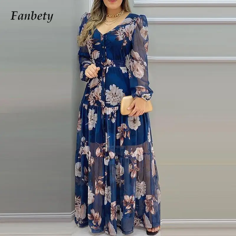 

Autumn Elegant Long Chiffon Dress Fashion Women Summer Mesh Long Sleeve Party Dress Lady Sexy V Neck Floral Print Maxi Dresses