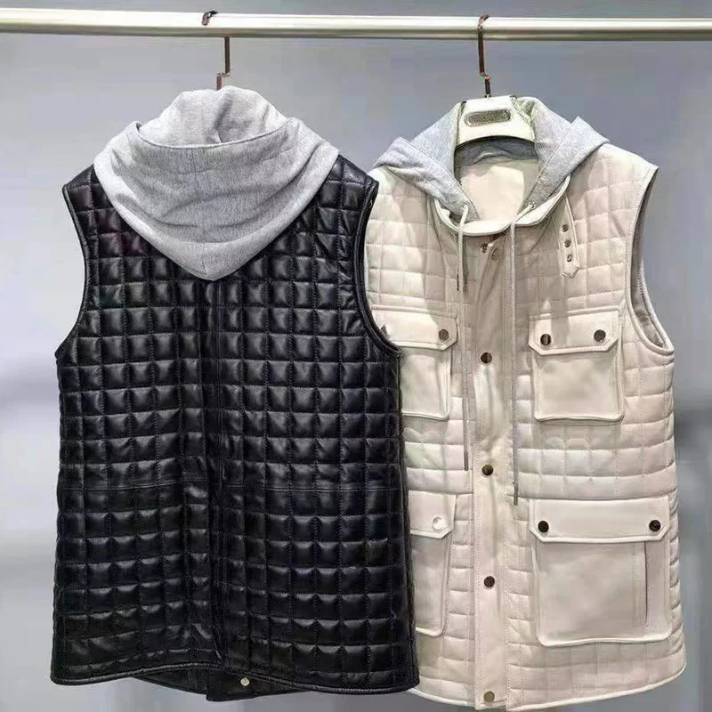 

Women Coat Spring Vest 2022 New Fashion Genuine Leather Jacket Lattice Decoration Big Pockets Overcoat Sleeveless