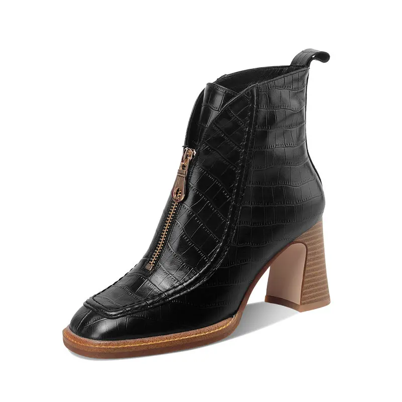 

Concise Ladies Ankle Boots Autumn Winter Zipper square Toe dress party Shoes Woman New Genuine Leather High Heels Boots