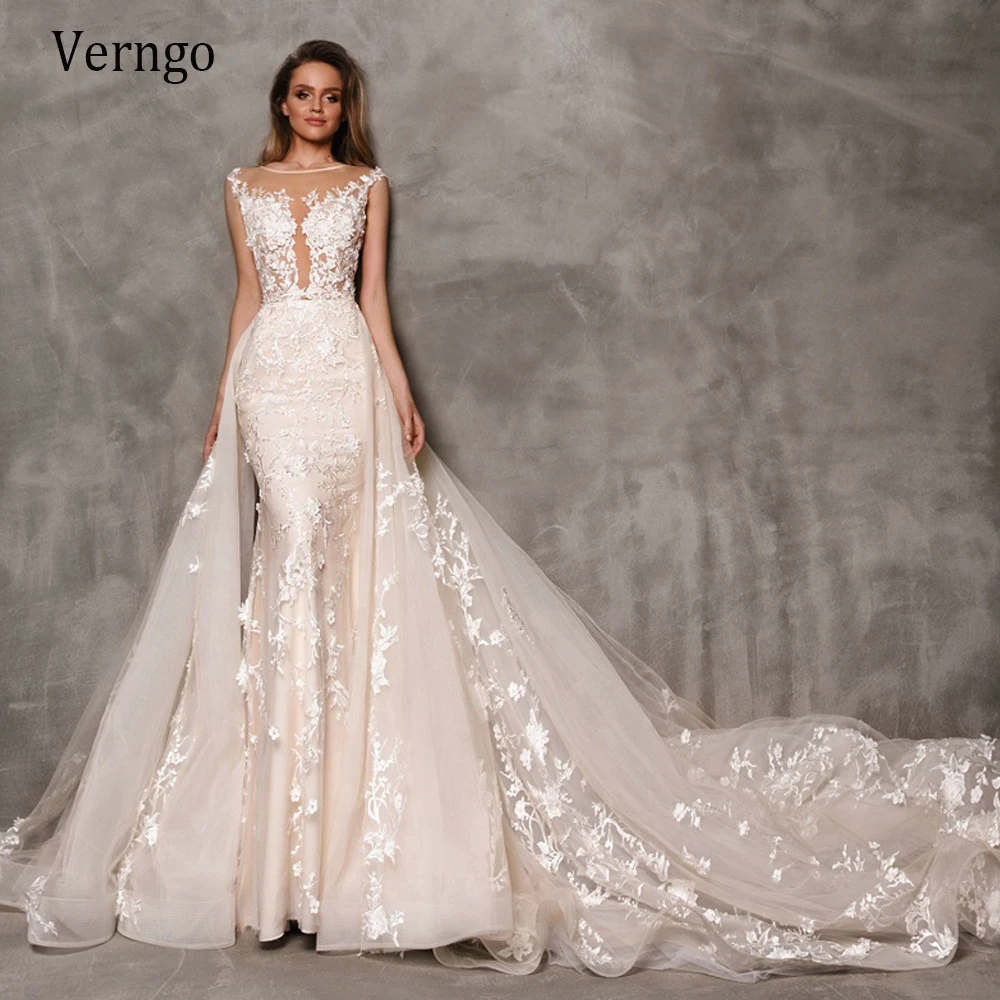 

Verngo 2021 Luxury Lace Applique Mermaid Wedding Dress With Detachable Train Sheer Neck Cap Sleeves Elegant Bridal Gowns