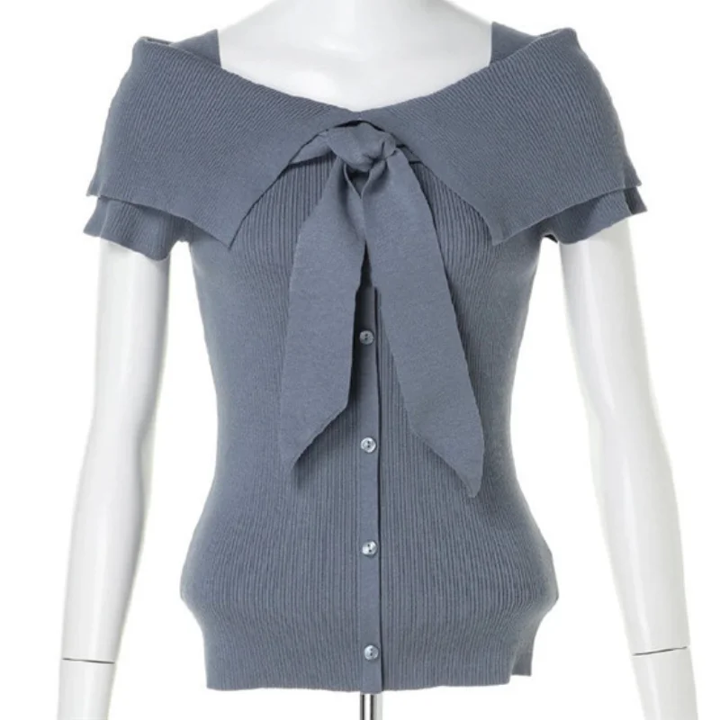 

Tie Bow Decoration Pullovers Japan Style Sweet Double-sided Wearing Slim Women Tops 2021 Office Lady Spring Summer Sweaters